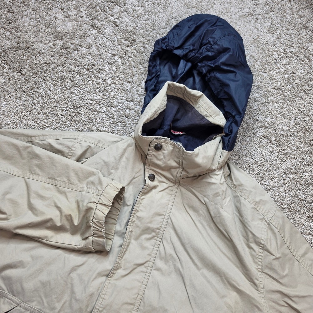VINTAGE Pacific Trail Hooded Jacket Mens Medium Tan Navy Outdoor Hiking Adult